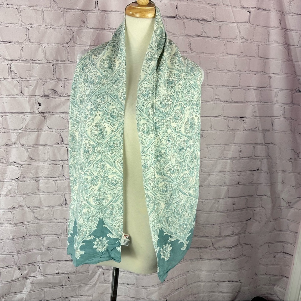 Elegant dusty teal paisley silk rectangle Scarf 10.5x62"